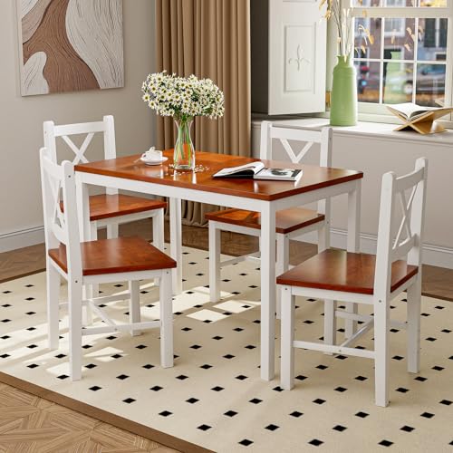 AOVSA Solid Wood 5-Piece Dining Table Set for 4 - Farmhouse Kitchen Furniture