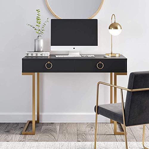 Nathan James Leighton Two-Drawer Writing Glam Accents Brass, Home Office Computer Desk or Vanity Table, 2, Black/Gold