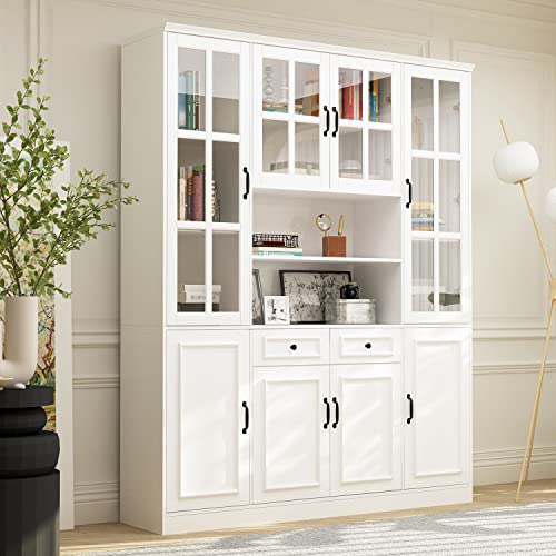 Homsee Tall Bookcase Bookshelf with Storage Shelves, Drawers, Glass Doors - White (63" W x 15.7" D x 78.7" H)