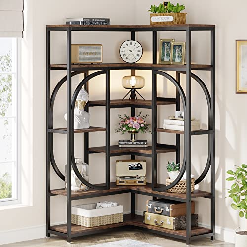Tribesigns 7-Shelf Large Modern Corner Bookcase, L-Shaped Display Rack with Storage (Rustic Brown)