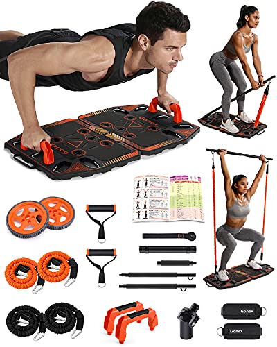 Gonex Portable Home Gym Workout Equipment with 14 Exercise Accessories Ab Roller Wheel,Elastic Resistance Bands,Push-up Stand,Post Landmine Sleeve and More for Full Body Workouts System(Orange)