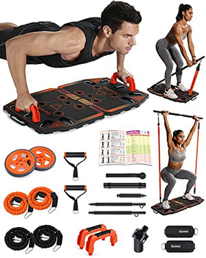 Gonex Portable Home Gym Workout Equipment with 14 Exercise Accessories Ab Roller Wheel,Elastic Resistance Bands,Push-up Stand,Post Landmine Sleeve and More for Full Body Workouts System(Orange)