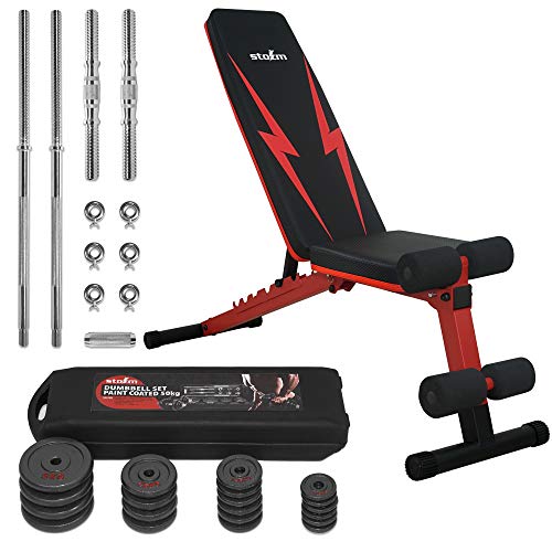 STOZM Multi-Purpose Adjustable Strength Training Weight Bench (Crimson) - High Weight Capacity 900 lbs and Dumbbell Set with Case – 50 kgs for Home Gym & Full Body Workout (Black Paint Finish)