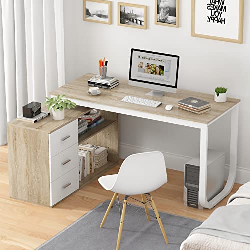 Homsee L-Shaped Home Office Computer Desk with Storage Cabinet - Walnut and White