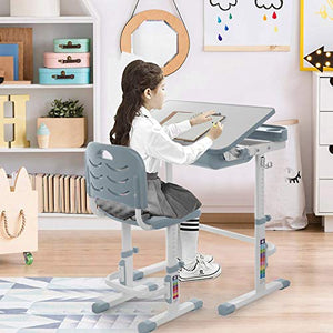 Height Adjustable Children School Study Desk with Tilt Desktop, Kimanli Kids Functional Desk and Chair Set with Bookstand, Metal Hook and Storage Drawer for Reading, Writing Study