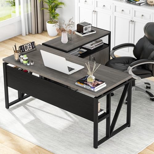 Tribesigns L Shaped Desk with Drawer Cabinet and File Cabinet, 55" Executive Computer Desk, Home Office Furniture (Gray, 55 inches)