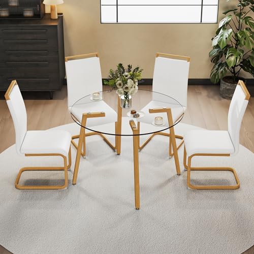 Pidock Round Dining Table and Chairs Set for 4 - 42" Tempered Glass Tabletop - Wood White