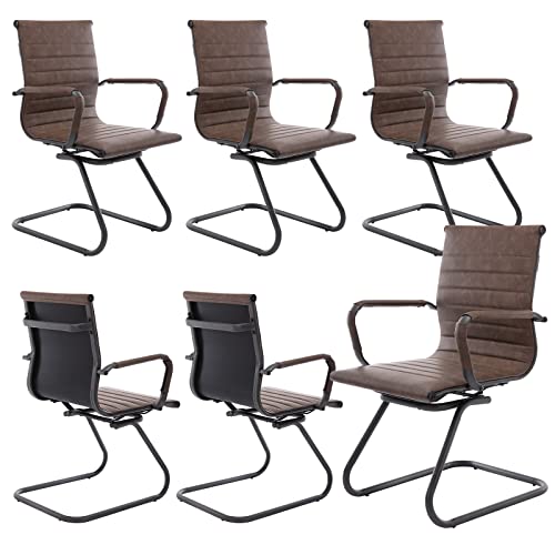 Guyou Office Reception Guest Chairs Set of 6 Mid Back PU Leather Metal Leg Sled Base Chairs with Arms - Matte Brown, 6 PCS