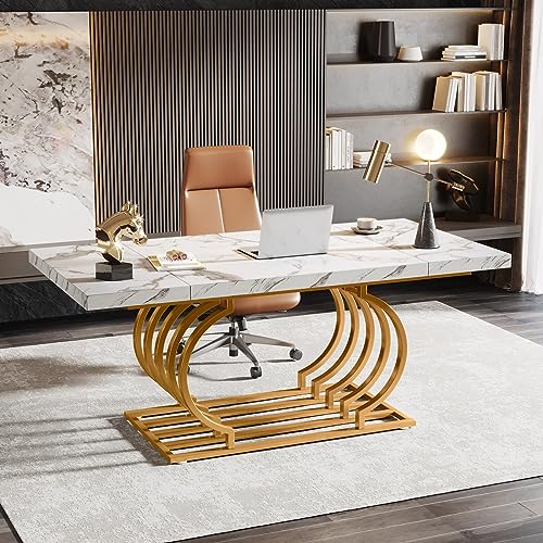 Tribesigns 63" Modern White and Gold Executive Office Desk