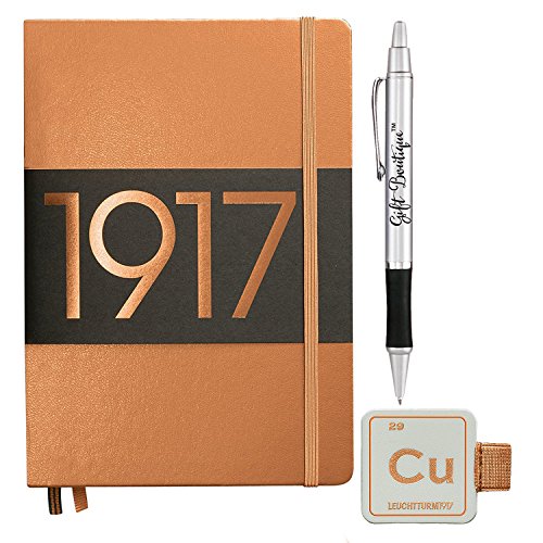 Leuchtturm1917 Medium Size A5 Hardcover Metallic Copper Notebook - Dotted Pages with Leuchtturm1917 Self-Adhesive Pen Loop and Gift Boutique Pen