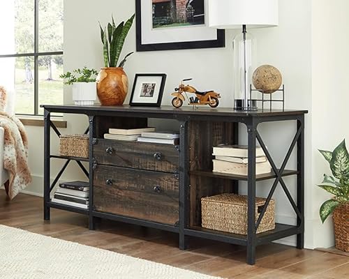 Sauder Steel River Industrial Storage Credenza, Carbon Oak Finish