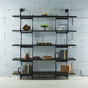 Eugene Modern Industrial 71-Inch Tall x 64-Inch Wide Large Storage 5-Shelf Pipe Bookcase Etagere Metal And Reclaimed Aged Finish With Sustainable Solid Wood (Dark Brown Stained wood)