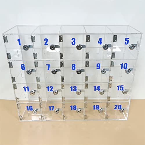 Full view of the clear acrylic Zinging life cabinet with 20 numbered phone compartments