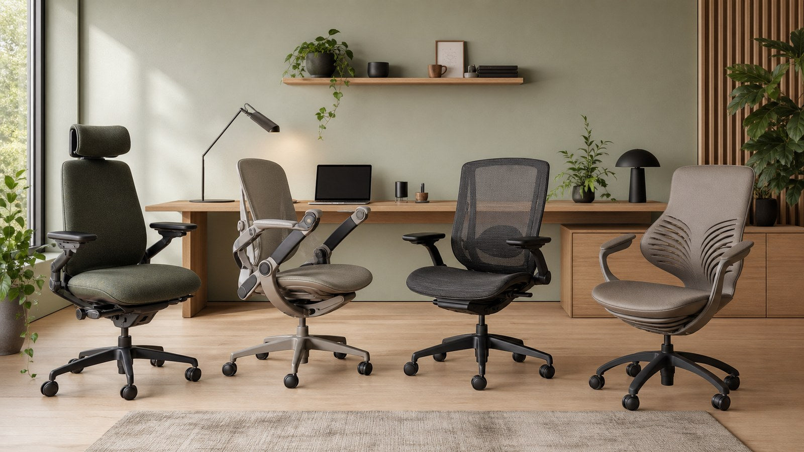 Four distinct ergonomic office chair silhouettes in a modern home office