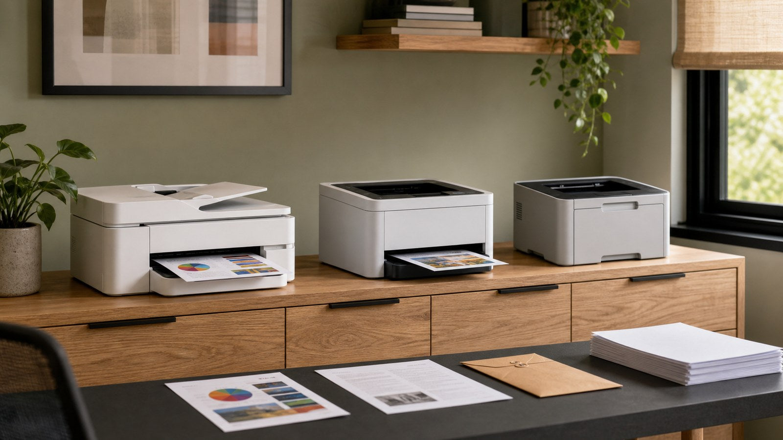 Home-office printing station with color documents and neatly organized paper