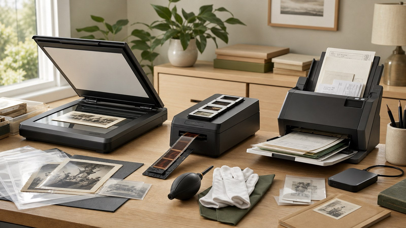 Photo prints film negatives and paper documents arranged beside three scanner types