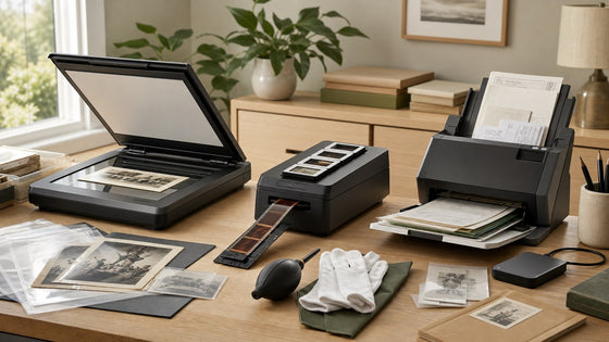 Photo prints film negatives and paper documents arranged beside three scanner types