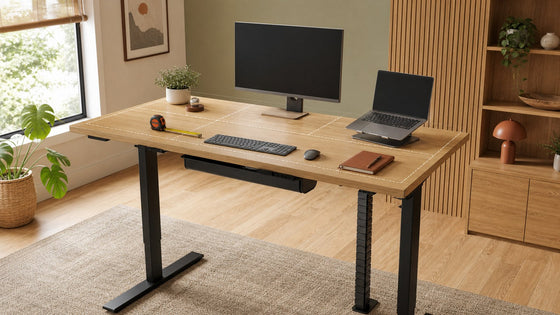 Modern standing desk workspace with measured desktop zones and organized cables