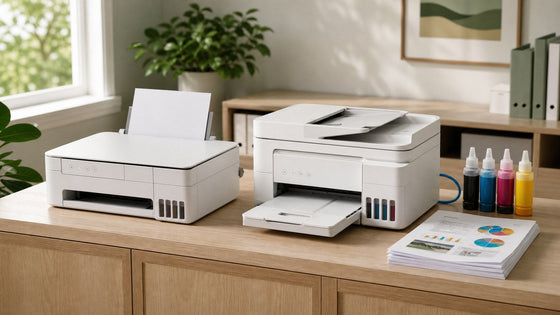 Two refillable ink-tank printers compared in a bright organized home office