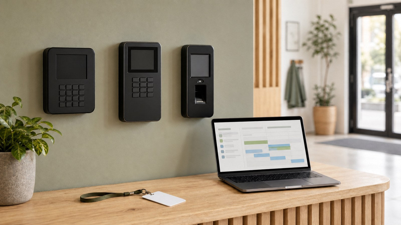 Small business employee time clock station with badge PIN and fingerprint options