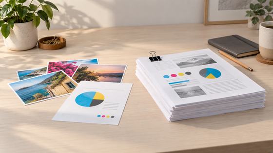Editorial illustration of a small home print workload beside a larger organized paper stack