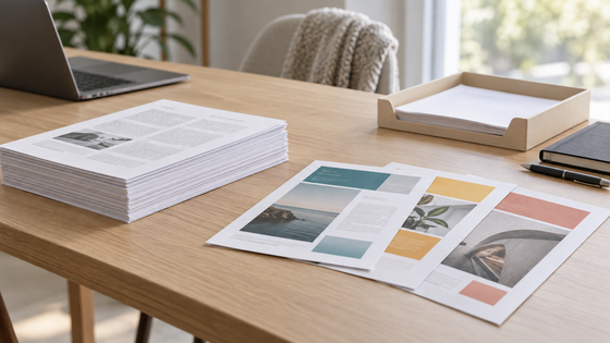 Editorial still life of color handouts and black-and-white documents on a home-office desk