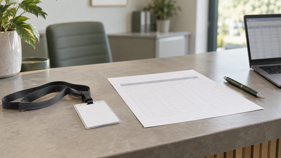 Editorial still life of an employee badge and paper timesheet beside a laptop