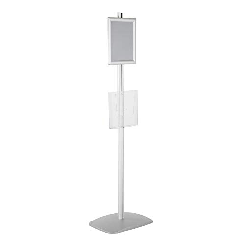 M&T Displays Free Standing Aluminum Display Stand Single Sided Document Brochure Sign Holder Front Loading Portrait Landscape Silver Snap Frame 1x(8.5x11) and Clear Acrylic Pocket 1x(8.5x11) Inch