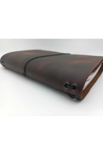 Genuine Leather A5 Notebook Cover - Handmade - Fold-Over Style - Customizable Name - Brown Crazy Leather - Appropriate for Journals & Planners