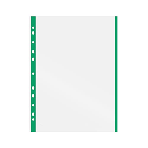 Grafoplás 5501020 Box of 100 Transparent Multi-Drill Pockets, A4, Green, 11 Holes, Polypropylene, Extra Glass, for Ring Binder