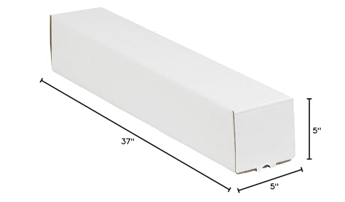 BOX USA Square Corrugated Cardboard Mailing Tubes, 5" x 5" x 37", White, Pack of 25, for Shipping, Storing, Mailing, and Protecting Documents, Blueprints and Posters.