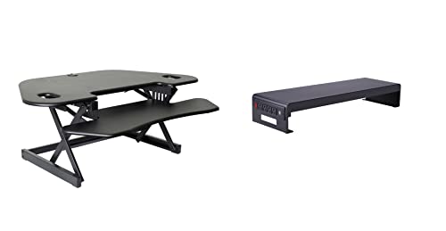 Rocelco 46" Height Adjustable Corner Standing Desk Converter with AC Outlet USB Charger and Dual Stand - Tabletop Computer Riser Workstation - Large Keyboard Tray - Black (R CADRB-46-ACUSB-DMS)