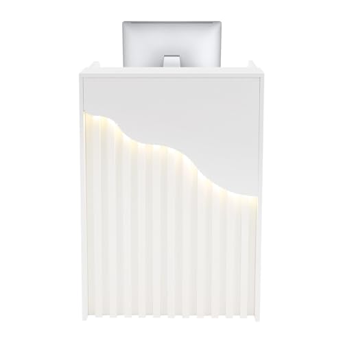 AngelcityCC Small Reception Desk with Counter LED Light, Modern Front Desk with Lockable Drawer, Retail Checkout Counter for Clothing Salon Shop Hotel
