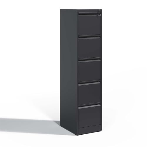 LOONGYOON 5 Drawer Vertical Metal File Cabinet with Lock Steel Versatile Filing Organization Storage Cabinets for A4 Legal/Letter Size Home Office Assembly Required Anti-Tilting Waterproof Black