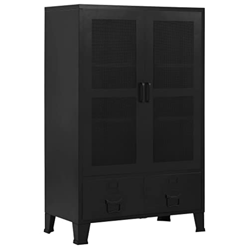 HKLGBVCR Industrial Black Steel File Cabinet with 3 Compartments and 2 Drawers, Mesh Doors Office Storage Cabinet with Name Tags, 29.5x15.7x47.2 Inches