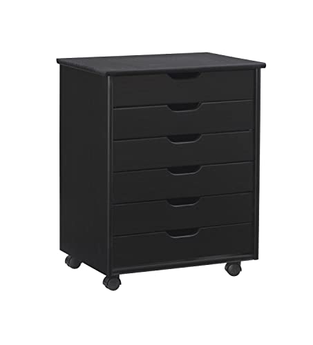 Linon Cary Black Six Drawer Wide Roll Cart