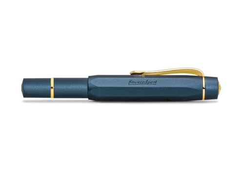 Kaweco PISTON SPORT AL Navy/Gold Starter Set I Classic 13 cm Aluminium Fountain Pen with Steel Nib in Nostalgic Box I Including 32 ml Ink Bottle in Royal Blue I Nib: EF (Extra Fine)