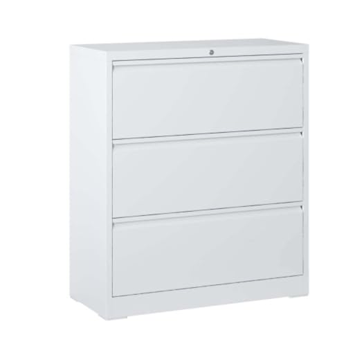 Daklpiw 3-Drawer Lateral File Cabinet with Lock, Black Metal Filing Cabinet for Office or Home – Secure Storage for Letter/A4/F4 Documents, Easy to Assemble Locking File Organizer-35.4" (White)