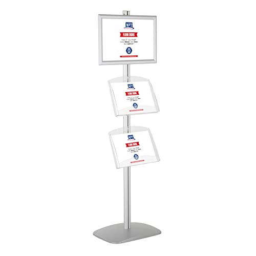 M&T Displays Free Standing Aluminum Display Stand Single Sided Document Brochure Sign Holder Front Loading Portrait Landscape Silver Snap Frame 1x(11x17) and 2 pcs Clear Acrylic Shelf 2x(8.5x11) Inch