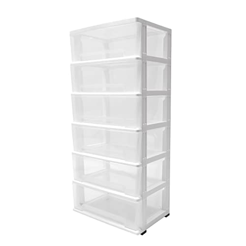 6-Drawers Plastic Storage Organizer Rolling Cart, White/Clear Storage Tower with Wheels Casters for Closet, Living Room, Hallway, Dormitory
