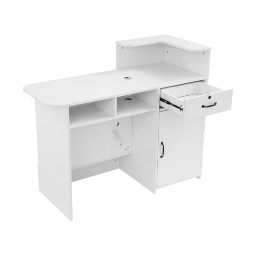 Pazcii Modern Reception Desk 47.2in, Floorstanding Counter w/Lockable Drawer & Open Shelves, MDF Metal Cabinet Workspace for Office, Store, Restaurant, Salon Ct (Warm White Right High)