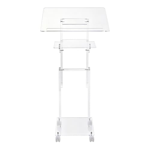 xsdzgdzy Acrylic Podium Stand with Wheels, Clear Adjustable-Height Presentation Stand, Dual-Layer Storage Lectern for Meeting Room, Classroom, Office, Mobile Rolling Modern Pulpit