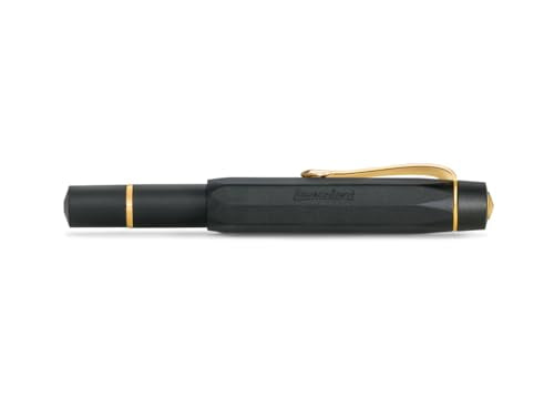 Kaweco PISTON SPORT AL Black/Gold Starter Set I Classic Aluminium Fountain Pen for Ink Bottles in Nostalgic Box including Kaweco Ink Bottle in Royal Blue I Piston Filler 13 cm I Nib: M (Medium)
