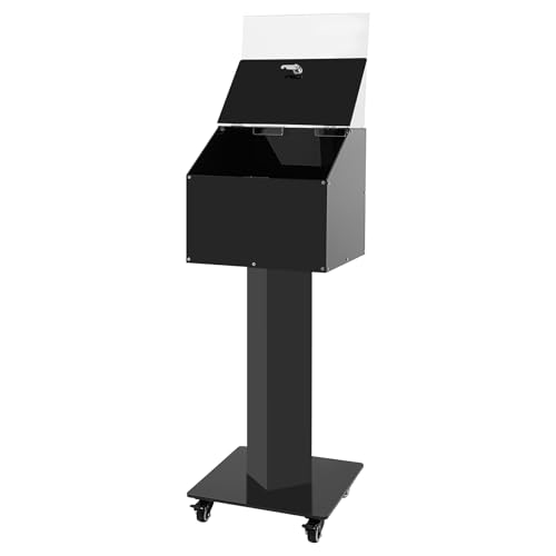 SHOUMANUAL Suggestion Box with Stand, 14" X 14" Acrylic Offering Box with Lock & Key, Wheels, Locking Ballot Collection Safe Boxes with Sign Holder for Voting Contest Charity Donation (Black)