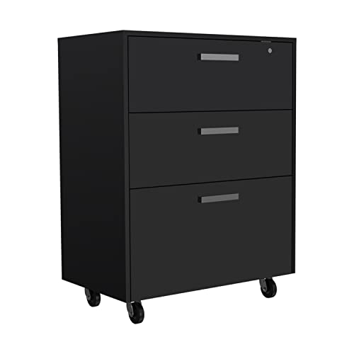 Penny Storage Cabinet with 3 Drawers, 4 Casters, and Padlock, Black