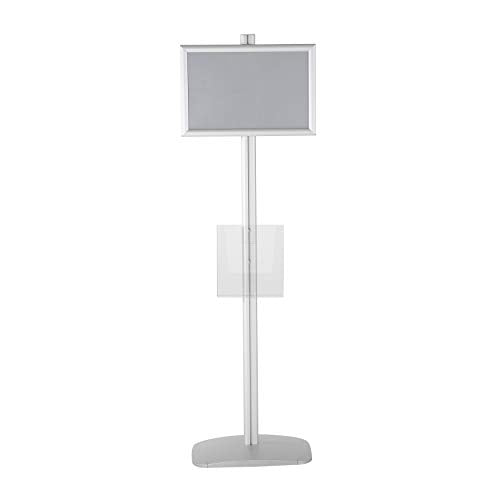 M&T Displays Free Standing Aluminum Display Stand Single Sided Document Brochure Sign Holder Front Loading Portrait Landscape Silver Snap Frame 1x(11x17) and Clear Acrylic Pocket 1x(8.5x11) Inch