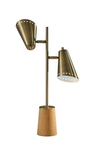 Adesso Antique Brass Table Lamp with Metal Cone Shades and Wood Base
