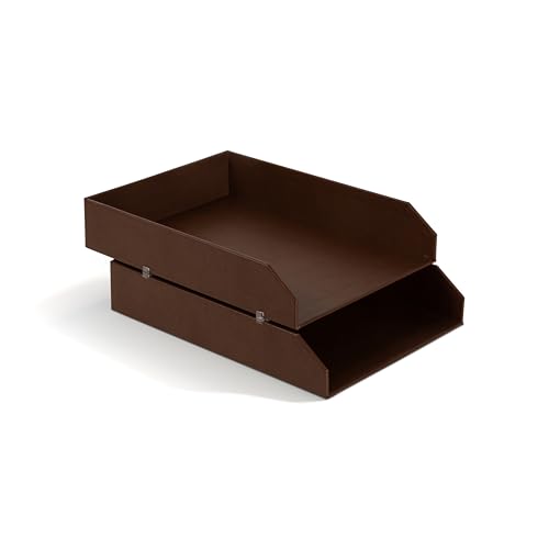 Bigso Hakan Set of 2 Letter Tray A4 – Stackable Storage Box with Handle – Desk Tray for Letters, Documents & Records – Organisation System Made of Fibreboard with Paper – Recycled Leather