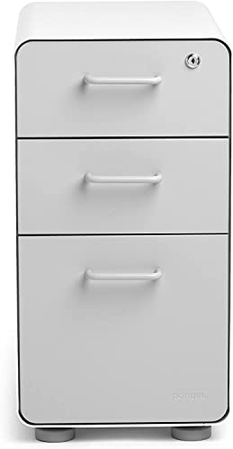 Poppin Slim Stow 3-Drawer File Cabinet - White + Light Gray. 2 Utility Drawers and 1 Vertical Hanging File Drawer. Fully Painted Inside and Out. Powder-Coated Steel. Two Keys Included
