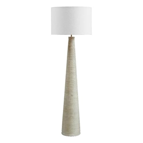 Modway Saylor 59 Inch Rustic Floor Lamp in White Gray – Carved Wood Tapered Base with Fabric Shade – Ribbed Modern Farmhouse Standing Light for Living Room or Bedroom